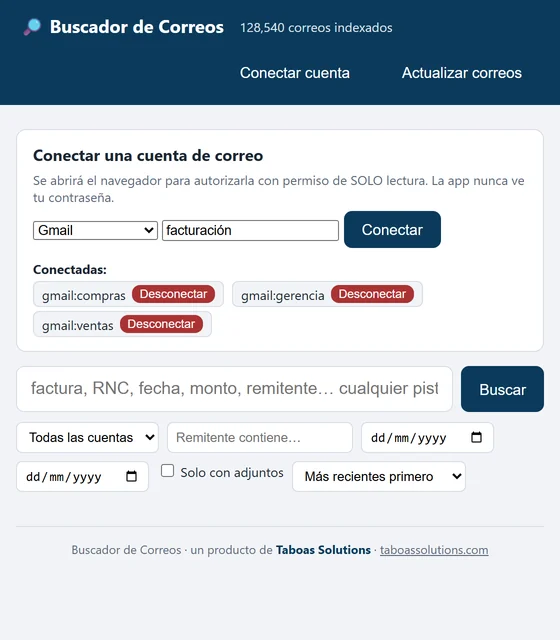 Panel para conectar una cuenta de correo con permiso de solo lectura, con tres buzones ya conectados.