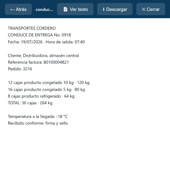 Texto leído automáticamente de la foto de un conduce de entrega: número de conduce, referencia de factura, cajas y peso.
